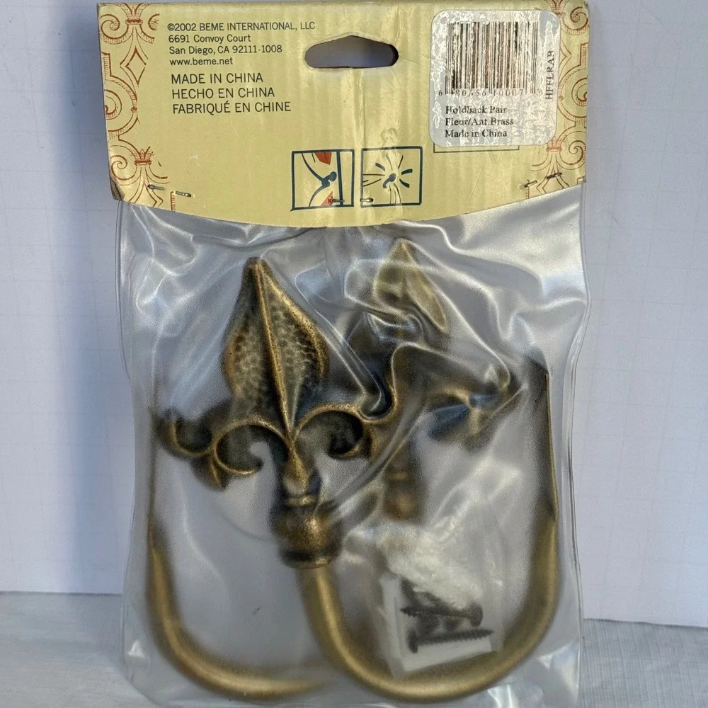 Vtg Beme Forged Iron Fleur de‎ Lis Curtain Holdbacks Antique Brass 2 HFFLRAB